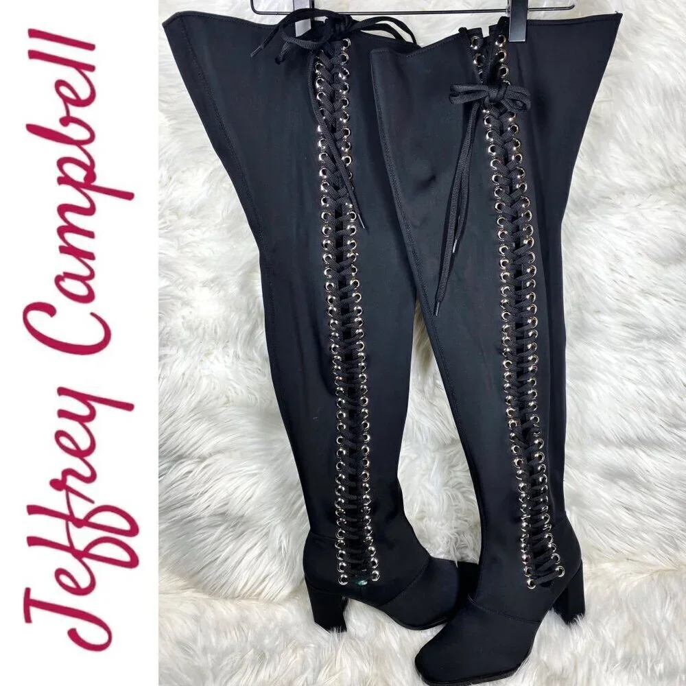NWOB JEFFREY CAMPBELL Black Elektra Corset Faux Leather Over The Knee Boots,‎ 6